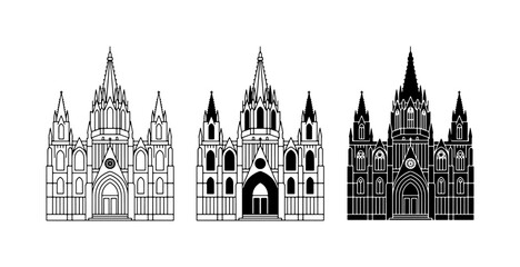 Fototapeta premium Gothic Cathedral Silhouettes, Architectural Landmark Icons, Religious Building Vector Art
