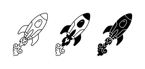 Rocket Ship Icons, Space Exploration Vector Art, Launching Starship Graphics, Black and White Designs © Abu