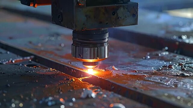 A high precision industrial laser cutting machine slices through a thick metal sheet