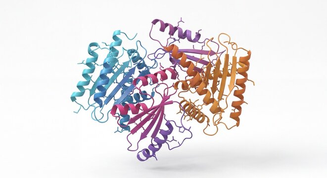 A detailed 3D scientific visualization of a complex protein structure with colorful helix motifs.