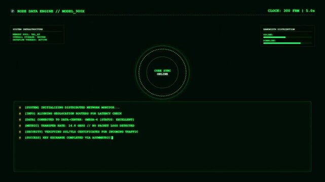 Node data engine core sync monitoring screen with green digital computer terminal code tracking network infrastructure and bandwidth distribution metrics.
