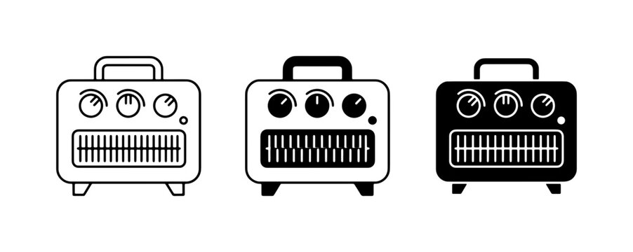 Guitar Amplifier Icons, Vintage Audio Equipment Vector Set, Retro Music Gear Graphics