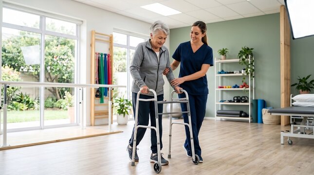 Elderly woman walking with nurse assistant.