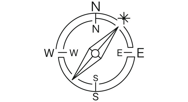 Simple black and white illustration of a compass pointing north