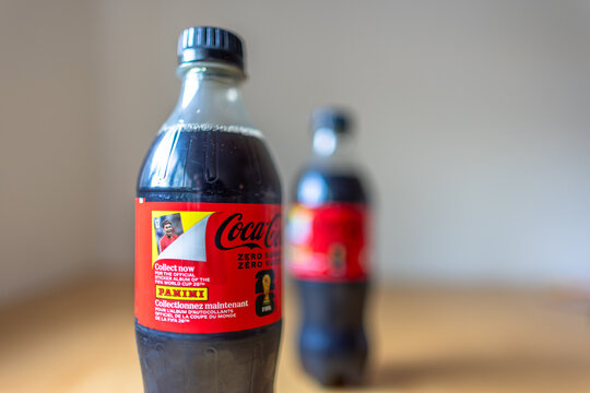 Calgary, Alberta, Canada. June 5, 2026. Shallow depth of field shot of Coca-Cola Zero Sugar bottles featuring a Panini FIFA World Cup promo.