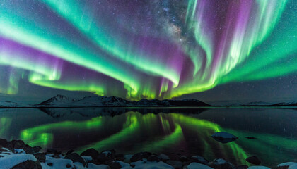 Vibrant aurora borealis display reflected on a calm arctic ocean at night © Rasa
