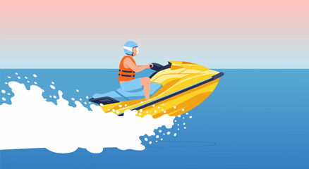 Vector illustration of a person riding a yellow jet ski creating a splash on the blue ocean water on a clear day © Purnomo Semlirick