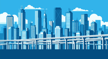 Obraz premium Vibrant blue vector illustration of a modern city skyline with elevated highways, perfect for urban planning and corporate themes