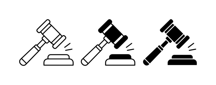 Gavel Icons Set: Judge's Hammer, Auctioneer's Mallet, Legal Symbol, Justice Concept