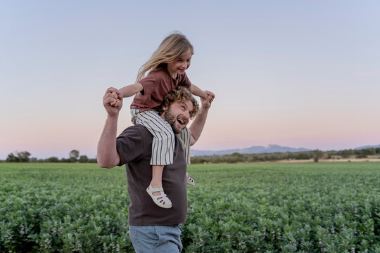 Father carrying kid on shoulders in green field at sunset
