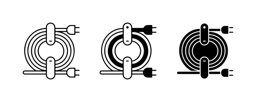 Electric Extension Cord Icons, Power Cable Set, Black and White Vector Graphics