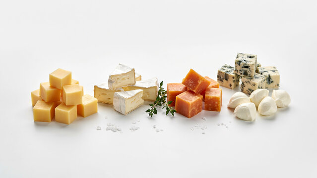 Cheese varieties including cheddar, brie, blue cheese, and mozzarella are arranged in neat piles on a clean white surface.