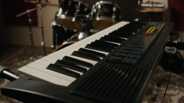 Electronic keyboard synthesizer standing in focus with blurred drum kit in background inside music recording studio. Footage is suitable for music education or instrument retail promo