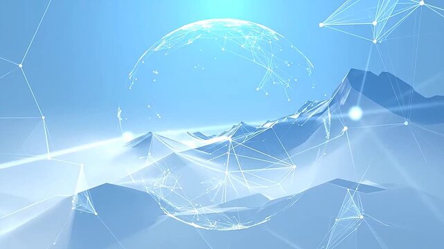A digital landscape features a glowing sphere over abstract mountain peaks