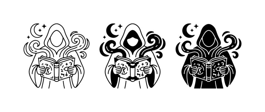 Mysterious hooded figure reading ancient book, occult magic symbols, dark fantasy vector art