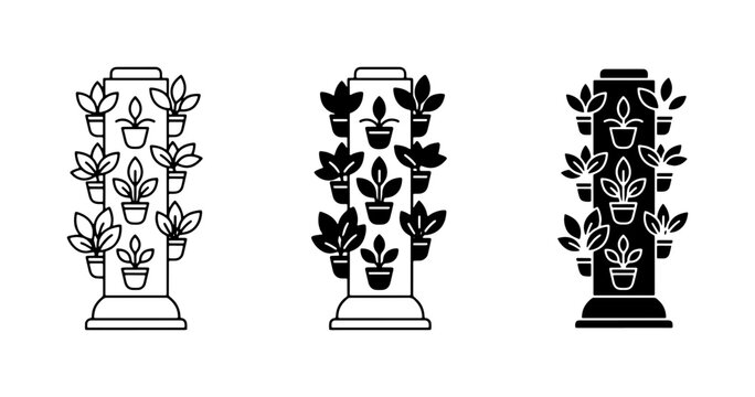 Vertical Garden Tower Icons, Hydroponic System Plant Pots, Urban Farming Vector Graphics
