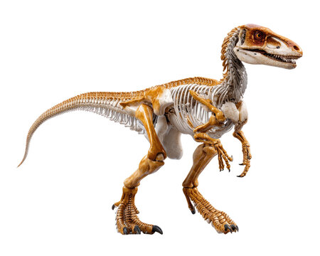 Dinosaur Skeleton Model: A detailed replica of a velociraptor skeleton stands in a realistic pose, showcasing the intricate bone structure of the prehistoric creature.