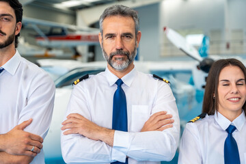 Fototapeta premium Aviation crew members standing with arms crossed in hangar
