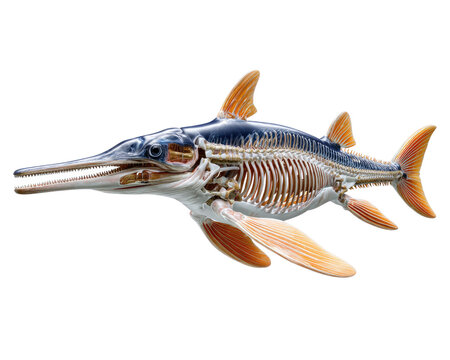 Ichthyosaur Skeleton Model: A detailed anatomical model showcasing the skeletal structure and exterior form of an ancient marine reptile, the ichthyosaur.