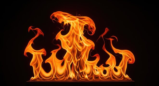 Intense orange and red flames dance in a powerful inferno against a dark background, creating a dangerous and glowing wall of blazing heat, yellow, glow, ignition