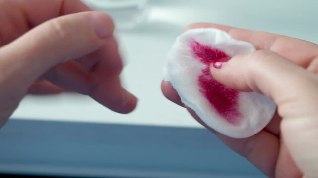 Woman removing red nail polish during personal grooming routine