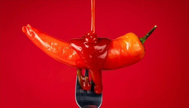 A red chili pepper being drizzled with a vibrant red sauce on a fork against a stark red background. The image evokes heat and spice