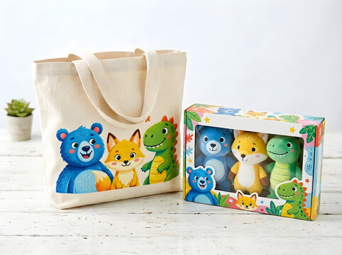 Cute cartoon plush toys tote bag and gift box set with toy box