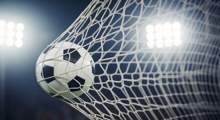 Fototapeta premium Soccer ball flying into the goal net under bright stadium floodlights during a nighttime match.