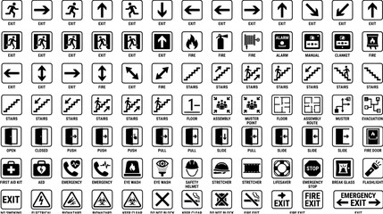 Fototapeta premium Comprehensive collection of black and white emergency evacuation and safety sign icons for public buildings and workplace navigation.