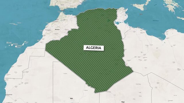 Borders of the state of Algeria on the map. Country Algeria on the map is highlighted by a polygonal border. Map animation. From above zooming in with panoramic view