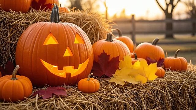 A carved glowing pumpkin sits on a pile of dry straw during the autumn season