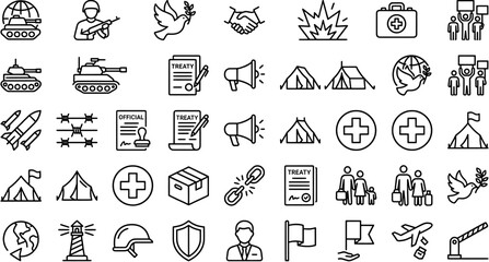 Fototapeta premium Set of outline war and peace icons representing military conflict, humanitarian aid and diplomatic treaty agreements