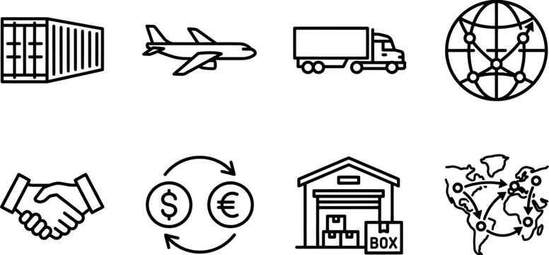 Logistics and global supply chain icon set including transportation, warehouse, handshake and currency exchange