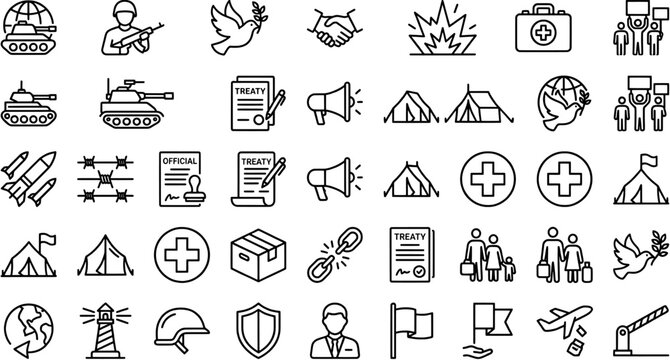 Set of outline war and peace icons representing military conflict, humanitarian aid and diplomatic treaty agreements