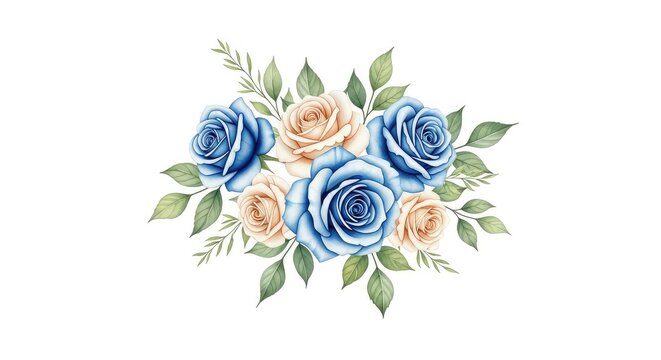 Raffinata composizione floreale con rose blu e crema dipinte ad acquerello, perfetta per design grafico e inviti su sfondo trasparente, bouquet, petals, summer
