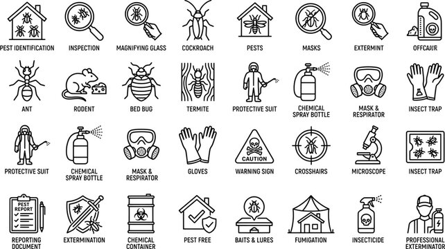 Set of pest control and extermination service icons featuring insects, protective equipment and professional inspection tools
