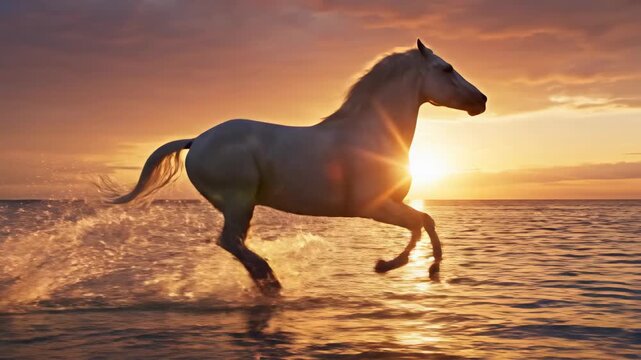 Powerful White Horse Galloping Through Shallow Ocean Beach Water at Golden Hour Sunset