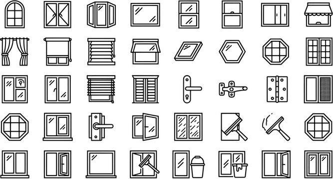 Set of window and home maintenance icons featuring various frame styles, curtains, shutters and glass cleaning tools.