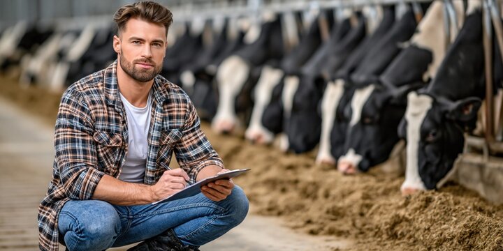 Dairy farmer checks on healthy herd of cattle