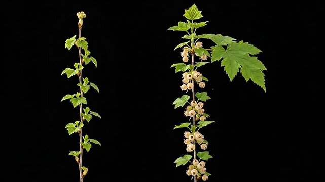 Two plant stems showing different stages of growth against a black background