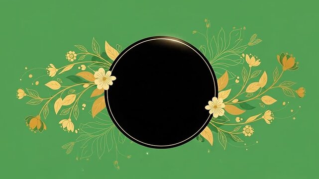 A black circular frame surrounded by elegant golden floral illustrations on green