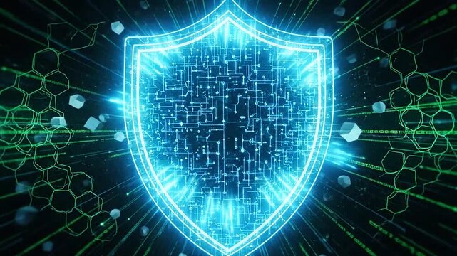 A glowing digital shield protects data streams in a futuristic cyberspace environment
