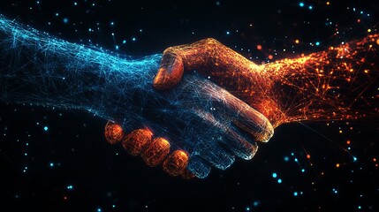 Fototapeta premium Digital handshake formed by glowing blue and orange particles representing a futuristic partnership and global unity