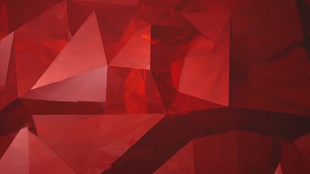A vibrant red abstract background featuring geometric triangular facets and light reflections