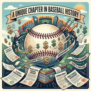 A vibrant illustration showcasing the financial and contractual world of baseball, with a baseball surrounded by money, contracts, and stadium skylines.