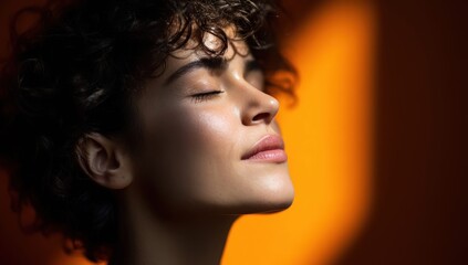 Fototapeta premium Close-up profile of a woman with curly hair bathed in warm sunlight and shadow