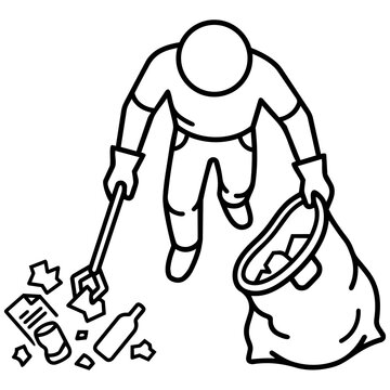 Volunteer uses a trash picker tool to collect litter and discarded plastic bottles into a heavy duty bag during a community cleanup event.