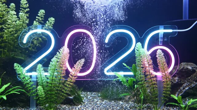 Submerged Neon 2026 Sign in Fish Tank with Rising Air Bubbles and Green Aquatic Plants