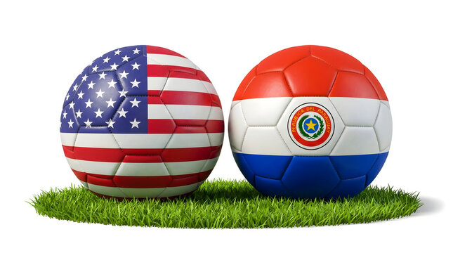 Usa vs paraguay soccer match concept with national flags on footballs, isolated on white background world cup soccer