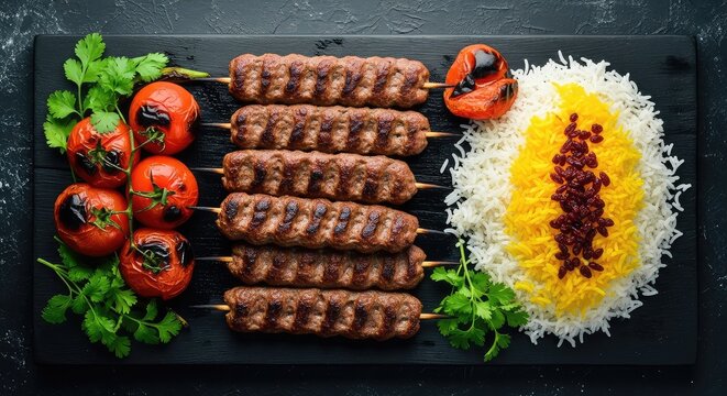 Top view of traditional grilled minced meat skewers served with saffron rice, roasted tomatoes, and fresh herbs on a dark rustic surface, seasoning, koobideh, healthy